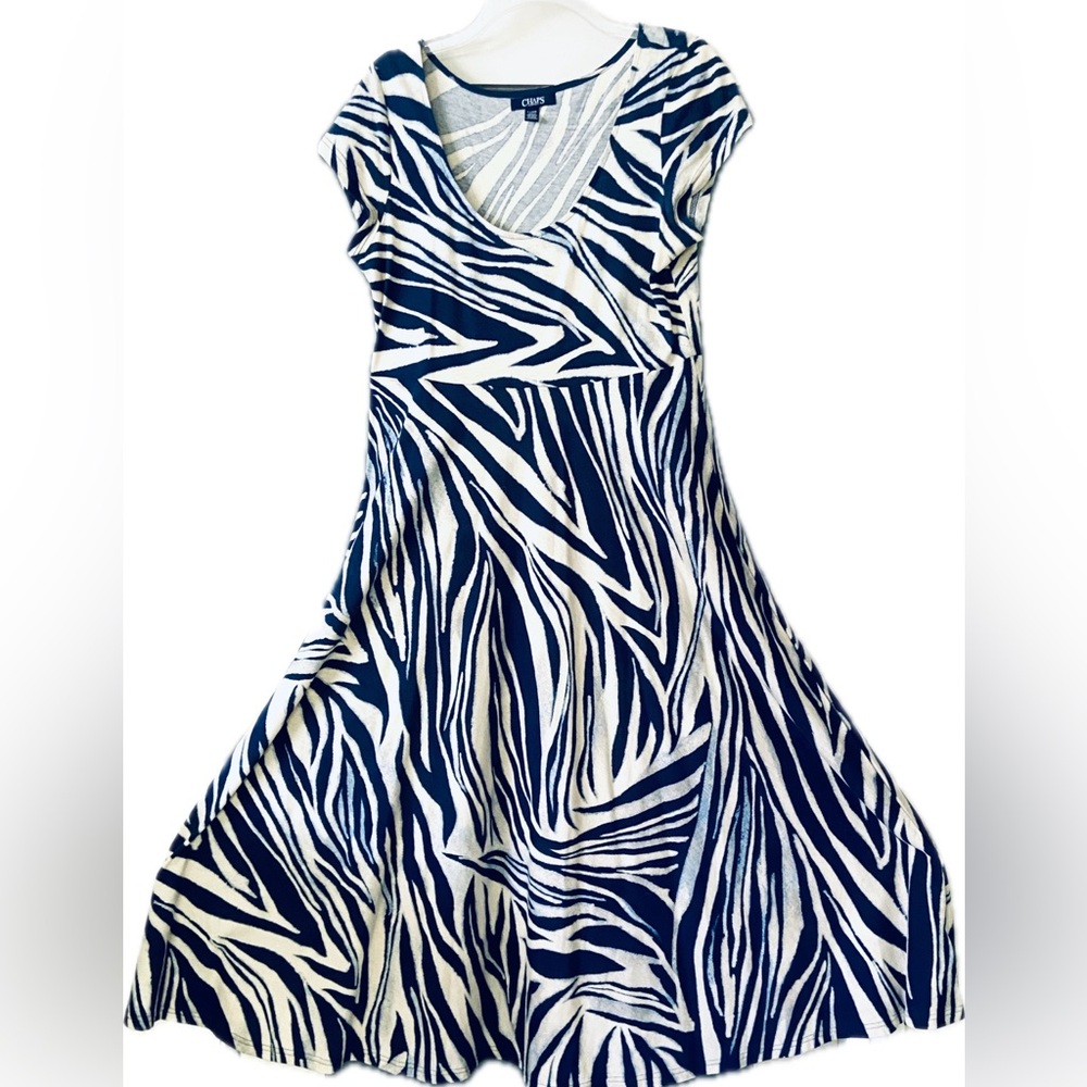 Spring Dress Chaps Navy and Ivory Short/Cap Sleeve  Comfortable Swing Dress L